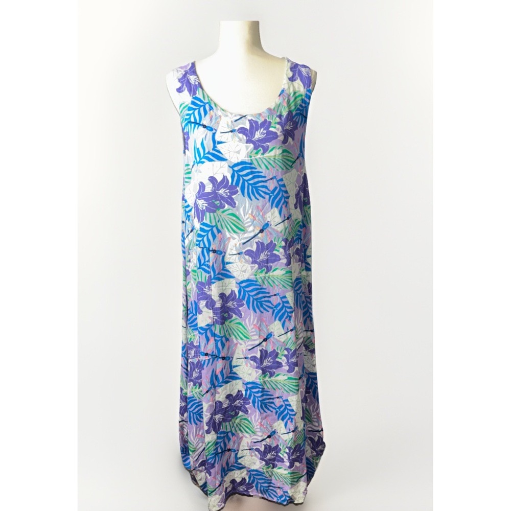 Water Lily Sleeveless Floral Maxi Dress Ruch Side-Hem‎ Pockets Summer Size Large